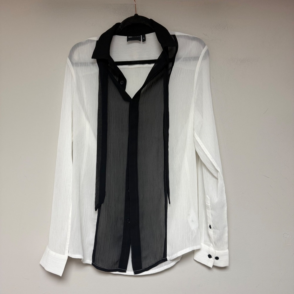 ASOS DESIGN Blouse‎ Women 2XS White Black Excellent Sheer Tie Neck Colorblock